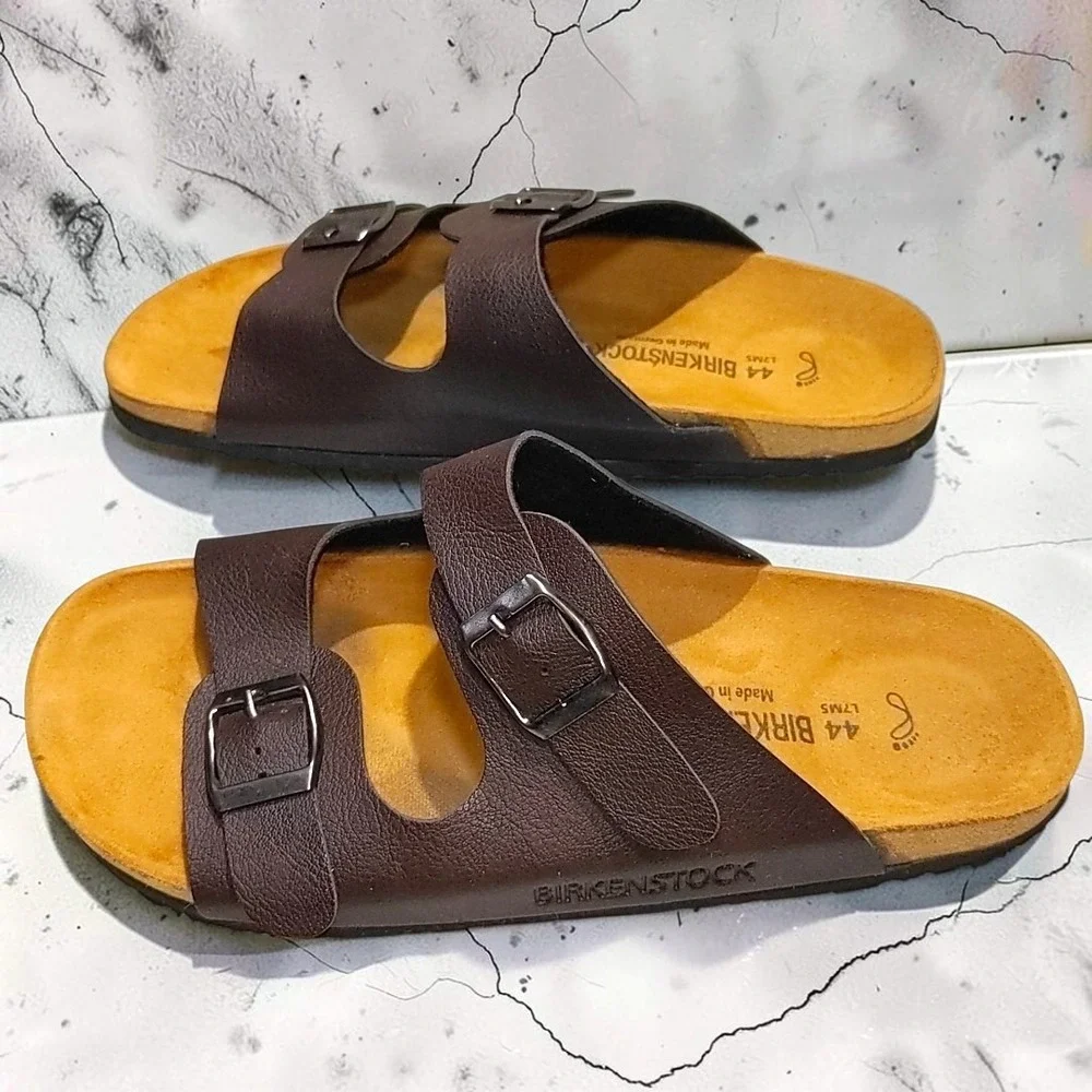 Birkenstock Arizona Brown Leather Sandals 44 Men 11 Double Strap Buckle Slides